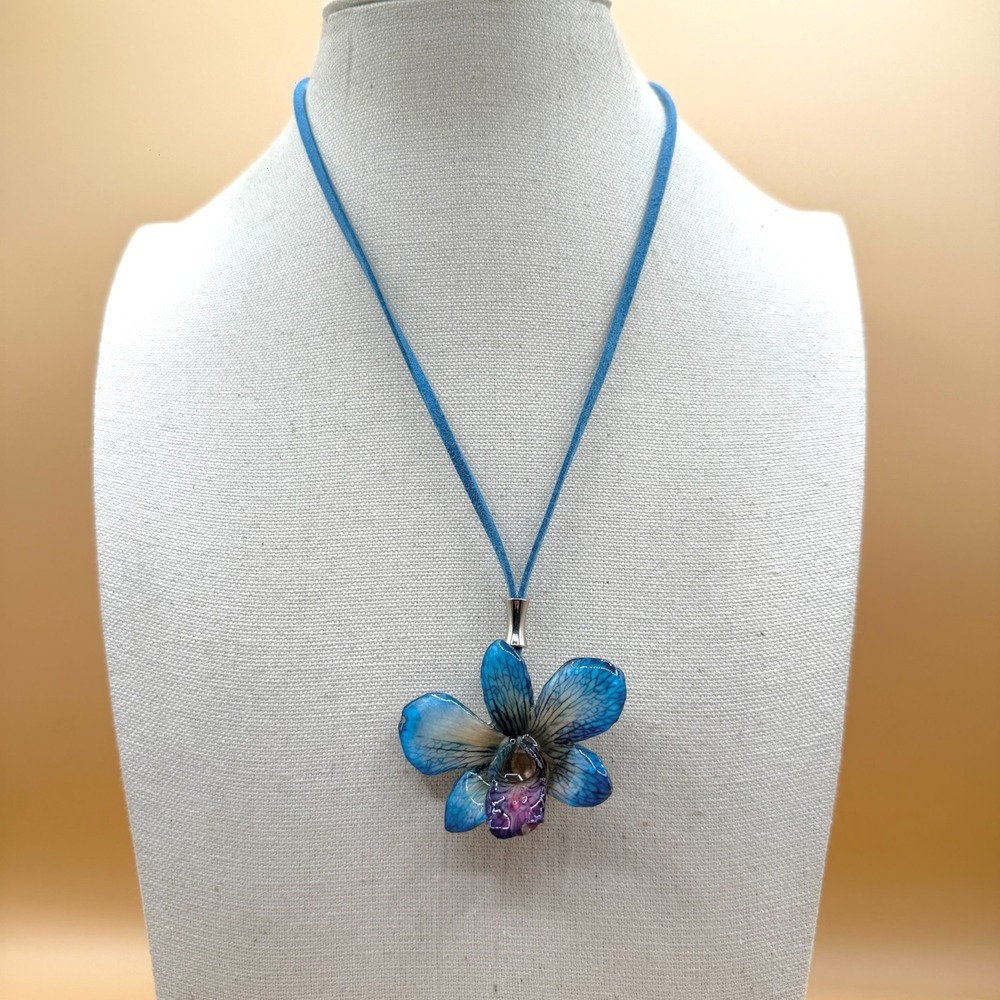 Blue Purple Orchid Flower Pendant Brooch Necklace Botanical Boho Statement Gift